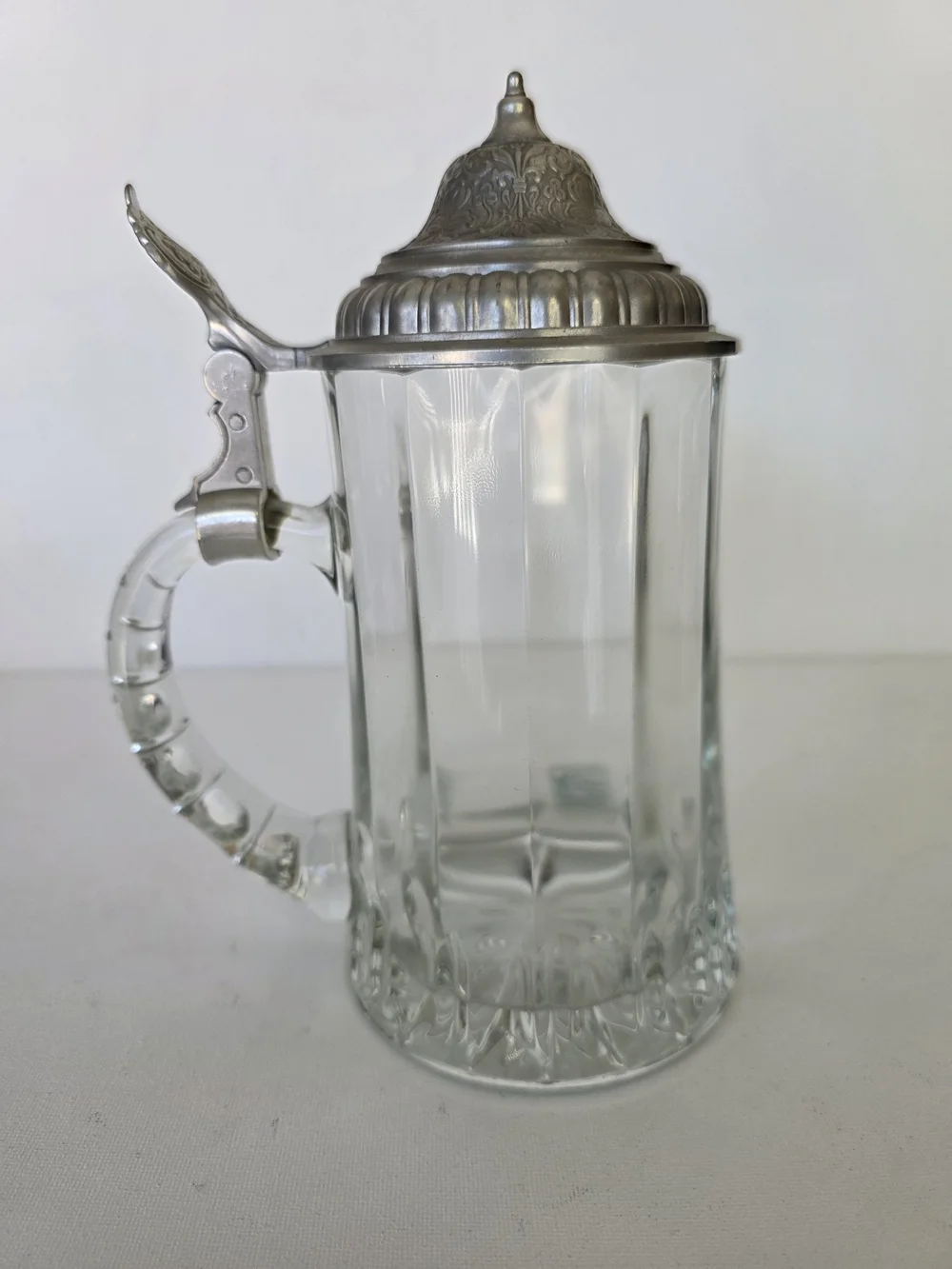 Vintage Clear Glass Beer Stein with Decorative Silver-Tone Hinged Lid